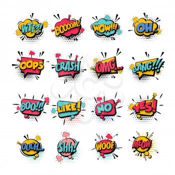 Comic collection colored sound effects pop art vector style. Set bubble speech word comic cartoon expression illustration. Lettering phrase. Comics book background template.