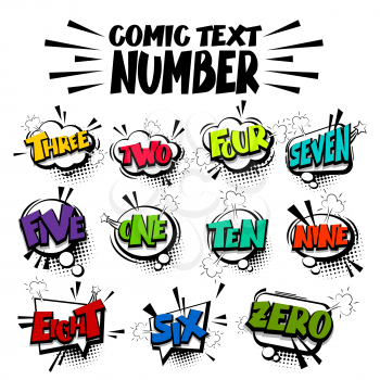 Comic funny collection number, count, school, badge cloud pop art vector style. Big set white message bubble speech comic cartoon expression illustration. Comics book background template.