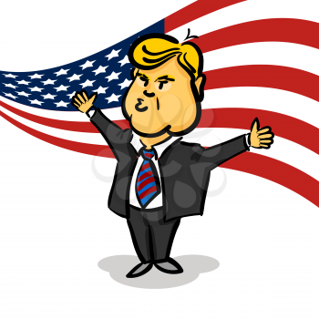 January 10, 2017 Backdrop American flag. Cartoon character portrait Donald Trump thumb up giving a speech white background. Positive caricature President of USA. 