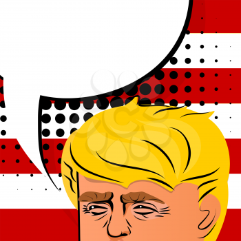January 10, 2017 Backdrop American flag. Cartoon character portrait Donald Trump thumb up giving a speech white background. Positive caricature President of USA.