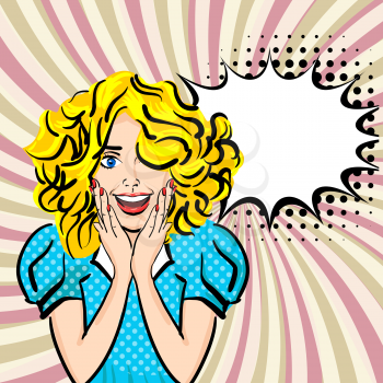 Vector illustration woman portrait, red lips, shocked emotion, empty speech bubble in comic book. Happy young sexy blonde hair girl blue dress pop art dot backdrop. Human face expression feelings.