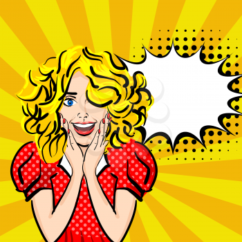 Blonde hair sexy girl red dress pop art dot backdrop happy young. Human emotions face expression feelings. Vector illustration woman portrait, red lips shocked, empty speech bubble comic book