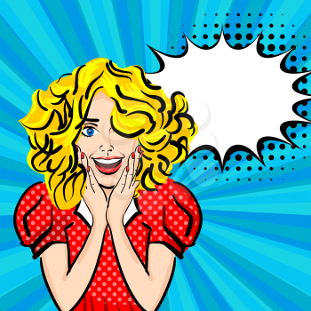 Happy young sexy blonde hair girl red lips, cute dress pop art dot backdrop. Vector illustration woman portrait, empty speech bubble comic book, shocked. Human emotions face expression feelings