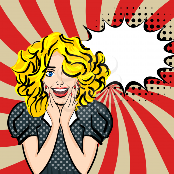 Happy young sexy blonde hair girl blue dress pop art dot backdrop. Human face expression feelings. Vector illustration woman portrait, red lips, shocked emotion, empty speech bubble comic book.