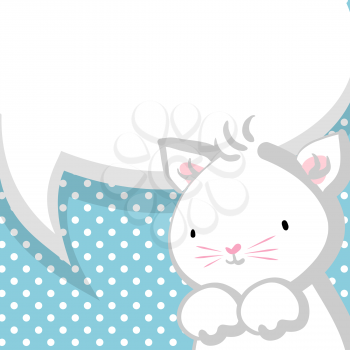 Blue halftone background. White cute little kitty pink nose for baby. Vector festive hand drawn cat illustration. Comic bubble, empty balloon.