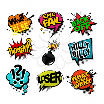 Comic text sound effects. Bubble icon speech phrase. Cartoon exclusive font label tag expression. Sounds vector illustration. Comics book balloon. Agressive lettering comic text collection.