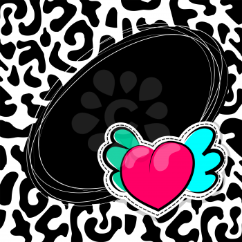 Fashion patch badges elements with hearts, comic speech bubbles on Leopard pattern background. Vector illustration. Woman stickers, pins, patches in cartoon 80s-90s comic text style balloon.
