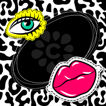 Fashion patch badges elements with lips eye, comic speech bubbles on Leopard pattern background. Vector illustration. Woman stickers, pins, patches in cartoon 80s-90s comic text style balloon.