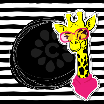 Fashion patch badges elements, empty comic text speech bubble giraffe pink glasses. African animal, line striped background. Vector illustration. Cartoon blank backdrop 80s-90s comic style balloon.