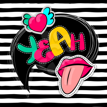 Fashion patch badges elements lips, comic speech bubbles line striped background. Vector illustration lettering yeah. Woman stickers, pins, patches cartoon 80s-90s comic text style balloon.