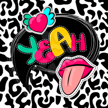 Fashion patch badges elements lips, comic speech bubbles Leopard pattern background. Vector illustration lettering yeah. Woman stickers, pins, patches cartoon 80s-90s comic text style balloon.