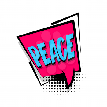 Lettering peace. Comics book halftone balloon. Bubble icon speech phrase. Cartoon exclusive font label tag expression. Comic text sound effects dot background. Sounds vector illustration.
