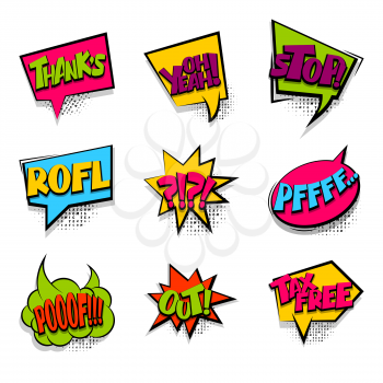 Thanks, tax free set colored comic text sound effects halftone pop art style. Vector bubble icon speech phrase, cartoon exclusive font burst, sounds dot background. Comics book balloon