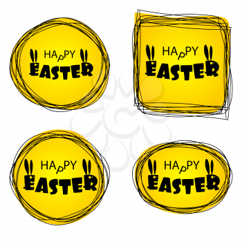 Greeting Happy Easter from ugly monsters funny rabbits. Lettering Easter. Silhouette of Bunny with long ears. Funny party invitation. Congratulations. Yellow vector illustration.