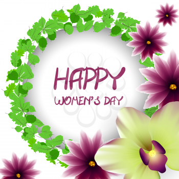 Greeting wedding frame bouquet of green leaves and lilac purple orchid. Lettering, decorative vector illustration. Happy womens day. Floral pattern greeting card, March, April, may.