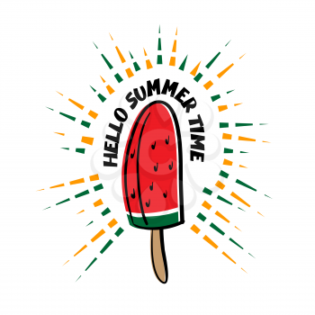 Watermelon pink ice cream on a stick in style Doodle. Juicy summer banner. Greeting summer simple comic picture. Abstract vector illustration Hello summer.