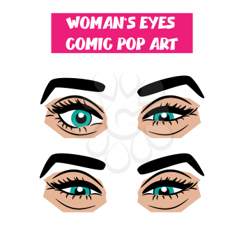 Beautiful sexy girl blue sly, narrowed eyes with long eyelashes, eyebrows. Emotional look style pop art. Comic book retro white background. Vector comic cartoon illustration. Woman body part.