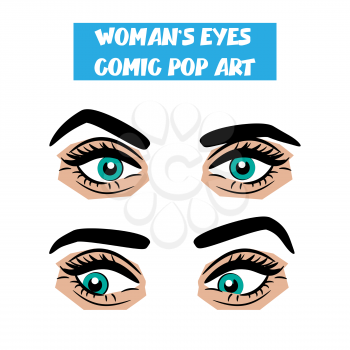 Beautiful sexy girl blue staring, disappointment eyes long eyelashes, eyebrows. Emotional look style pop art. Comic book retro white background. Vector comic woman cartoon illustration. Body part.