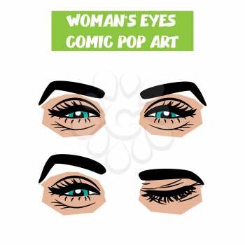 Beautiful sexy girl blue smiling, winking eyes with long eyelashes, eyebrows. Emotional look style pop art. Comic book retro white background. Vector comic woman cartoon illustration. Body part.