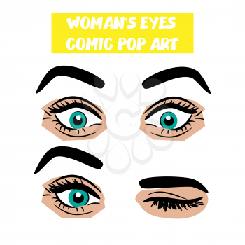 Beautiful sexy girl blue surprise, wink eyes with long eyelashes, eyebrows. Emotional look style pop art. Comic book retro white background. Vector comic woman cartoon illustration. Body part.
