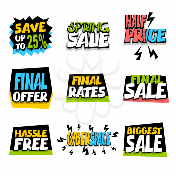 Big set sale advertising web label badge. Vector illustration offer best price and discount. Special offer tag colored paper banner for print. Summer, Spring, Winter sticker rates.