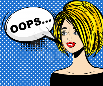 Surprised attractive pop art blonde girl says oops. Pin up woman with sensual sexy red lips talking. Comic speech bubble phrase oops. Comics style. Vector illustration.