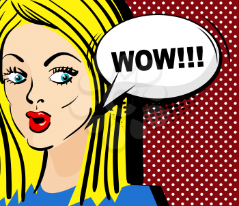 Comic speech bubble phrase wow. Comics style. Vector illustration. Surprised attractive pop art blonde girl with long hair says wow. Pin up woman with sensual sexy red lips talking.