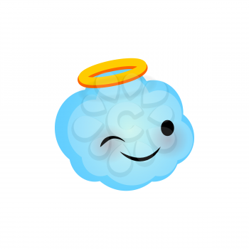 Vector illustration wink cloud smile icon. Face emoji blue angel cloud icon. Smile cute funny emotion face on transparent background. Happy feelings, expression for message, sms.