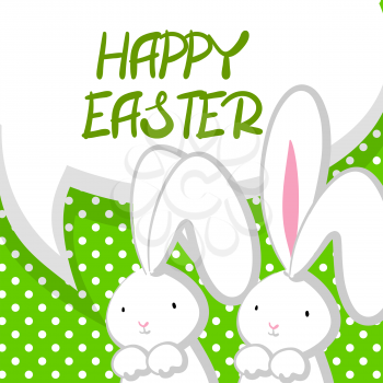 Green halftone background. White cute rabbit with big ears pink nose, congratulates Happy Easter. Vector festive hand drawn illustration. Comic bubble, empty balloon.