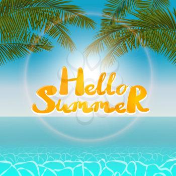 Summer seascape blurred bokeh lights palm leaf. Landscape background. Summer Time. Realistic vector illustration web application. Seascape hello summer
