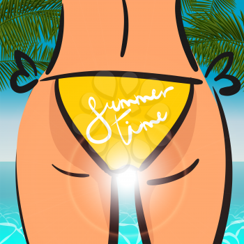Summer Time lettering poster card.  sexy comic woman in bathing suit yellow panties from back looking at the sea. Vector illustration palm leaf, sea coast.
