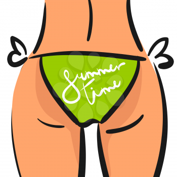 Summer Time lettering poster card. Slim sexy comic cartoon woman in bathing suit panties from back. Vector illustration.