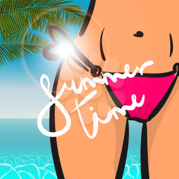 Summer Time. Summer seascape palm leaf. Landscape background. Realistic vector illustration web application. Seascape hello summer. Comic sexy slim beautidul girl in bikini.