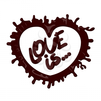 Banner Valentines day with love. Chocolate dessert. Realistic chocolate shape of heart with splashes. Love is lettering. 3D vector illustration.