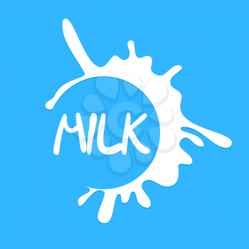 Flavored milk label template. Vector Illustration. Realistic white milk splash 3D. Blot on blue background. Package design of dairy products.