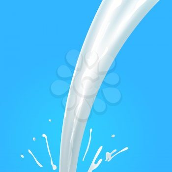Realistic white milk spray, splash, flow 3D. Blot on blue background. Package design of dairy products. Flavored milk label template. Vector Illustration.