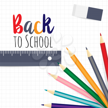 background image for students welcome back to the school. School supplies multicolored pencil, rubber, ruler.
