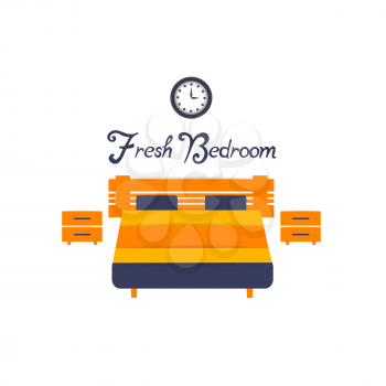 Bedroom background interior design with furniture: double bed, cupboards, electric clock. Vector flat style illustration. Material vector icon