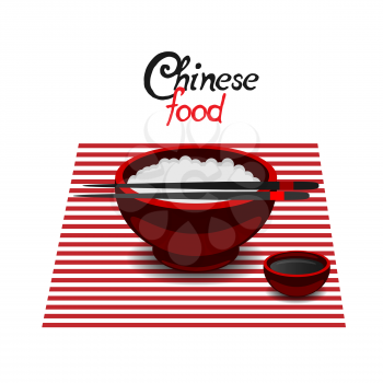 Chinese food rice color vector flat icon on a white background. Soy sauce in the red dish and chopsticks.