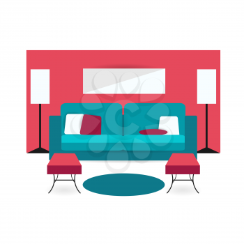 living room background interior colorful design with furniture: double sofa, cupboards, lamp, arm chair and pillow. Vector flat style illustration. Material vector icon