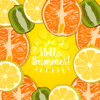 Hello Summer border of set fruit Inscription watermelone, lemon. Vector collection summer fruit on yellow background.