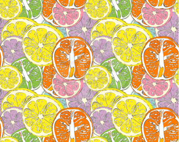 Hello Summer seamless pattern of fruit Inscription orange, lemon. Vector collection summer fruit.