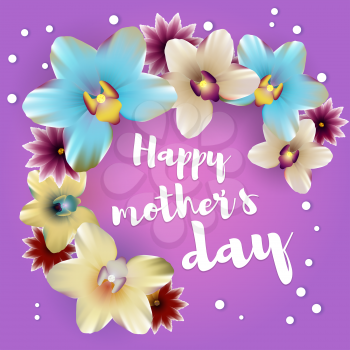 Greetings, Happy mothers day. Spring banner for best mom. Nature vector illustration. Hello spring lettering. Floral tropical background. Beautiful colored realistic orchids. 