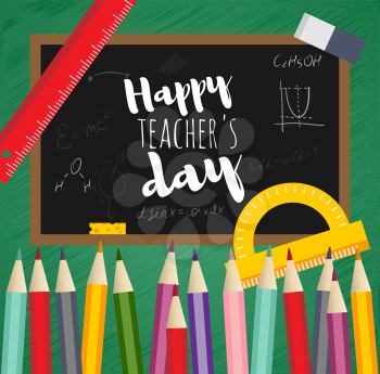 Greeting card happy teachers day. Black Board, written chalk, mathematical formula, chemical reaction, vector flat design. Concept template school subjects. Insulated pencil, eraser, protractor, ruler