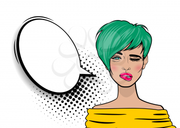 Beautiful sexy swag girl, short green hair winks, open mouth style pop art speak oops. Comics book retro halftone background. Vector colored dot illustration. Empty blank comic text speech bubble