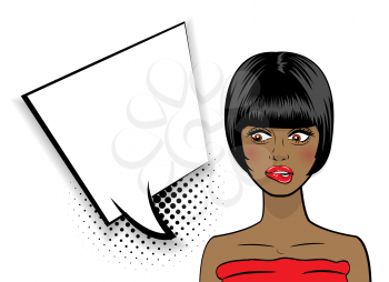 Beautiful shocked black sexy girl short hair and red dress, open mouth style pop art speak. Comic book halftone background. Vector colored dot illustration. Empty blank comic text speech bubble.