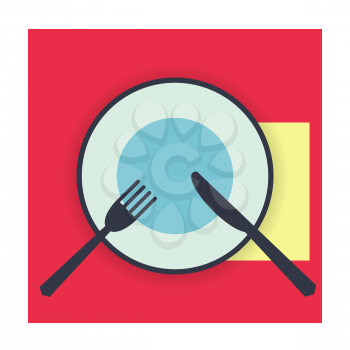 provide etiquette not finished on white background flat. Knives and forks on a plate. Vector illustration.