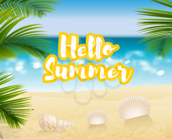 Hello summer. Sandy beach cost on a background of the ocean or sea. On a Sunny summer day, the beach season and sea shell. Vector illustration.