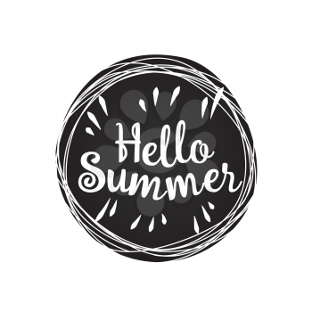 Phrase Hello summer on black grunge background. Vector lively hand drawn picture. Motivation.