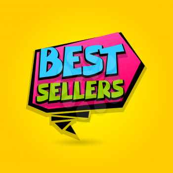 Best sellers sale advertising web label badge. Comic text bubble. Vector illustration best price and discount. Special offer tag colored paper banner for print. Summer, Winter sticker rates.